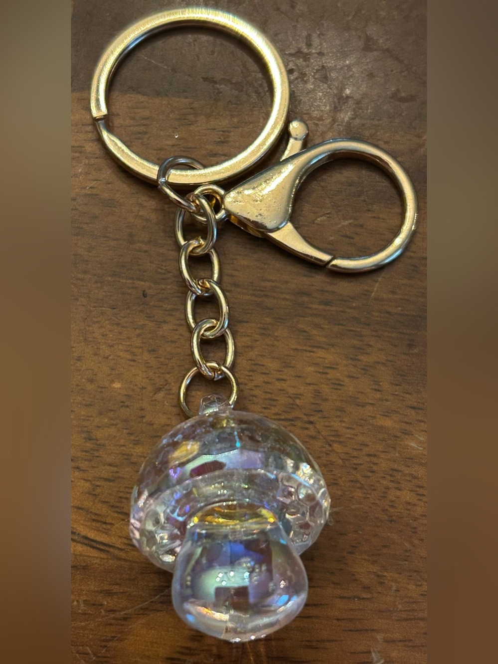 Fashion Jewelry Gold Keychain Bag Charm w/Iridescent Glass Like Mushroom Drop